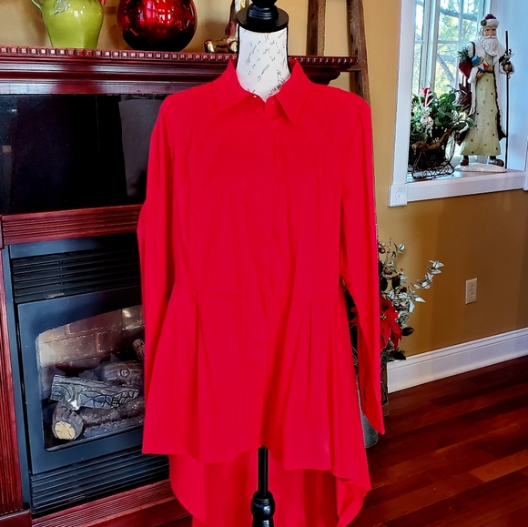 Lane Bryant Tops - Lane Bryant Red Cotton High Low Long Sleeve Button Blouse 16